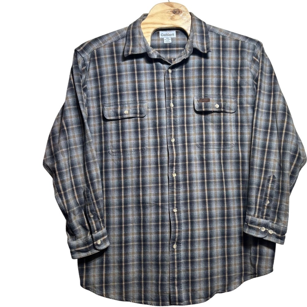 Carhartt Mens 2XL Plaid Flannel Button Down Shirt Grey Blue S128GRY Long Sleeve